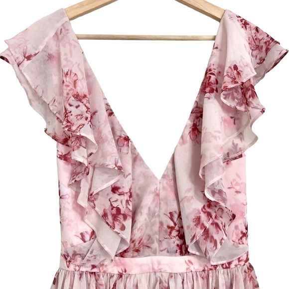 FAME AND PARTNERS Delaney Pink Floral Ruffled Tiered Chiffon Midi Dress - Picture 6 of 12